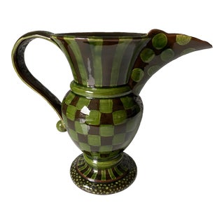 1980s MacKenzie-Childs Wittika Pickles Pitcher Green Black Checks Polka Dots For Sale
