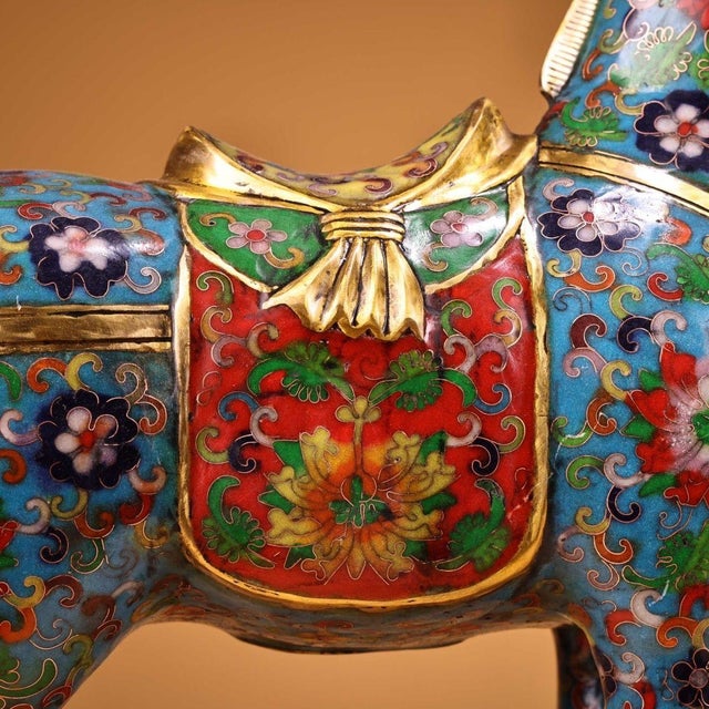 Metal Late 19th Century Pair of Cloisonné Enamel Gilt Bronze Horse Figures, 14200g Total, Qianlong Mark For Sale - Image 7 of 10