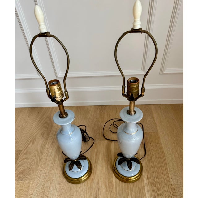 Baby Blue Vintage Pale Blue Opaline Glass & Brass Palm Leaf Table Lamps - a Pair For Sale - Image 8 of 8