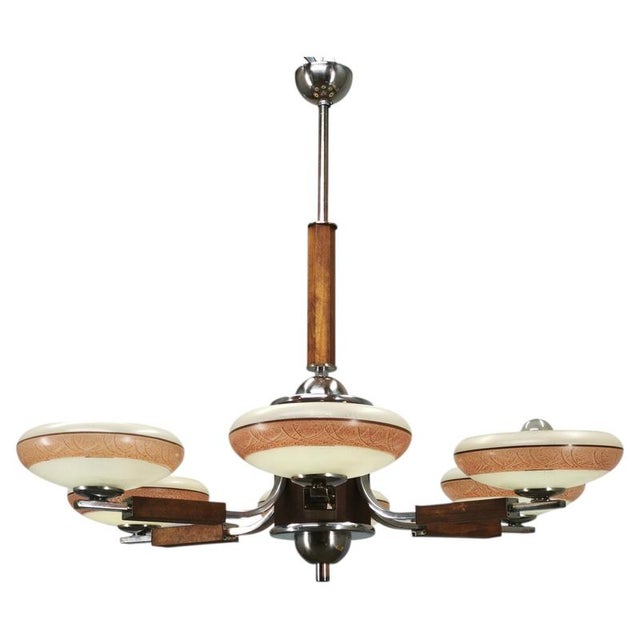 Large Art Deco Wood and Glass Six-Light Chandelier in Chrome, 1930s For Sale - Image 16 of 16