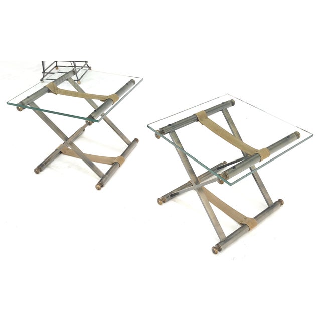 Metal Pair of Glass Top X Bases Smoked Chrome End Side Bed Tables Stands DIA MINT! For Sale - Image 7 of 11