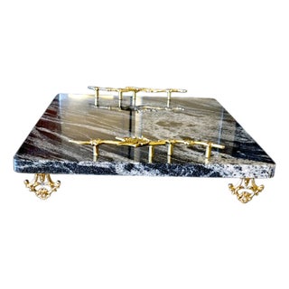 Contemporary One-of-a-Kind Seafoam Black Marble & Brass Hardware - Serving Platter 16"x20" - With Gauri Kohli Marble Knives Included For Sale