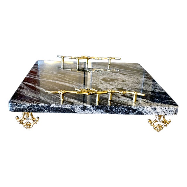 Contemporary One-of-a-Kind Seafoam Black Marble & Brass Hardware - Serving Platter 16"x20" - With Gauri Kohli Marble Knives Included For Sale