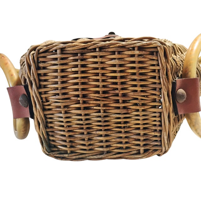 Wood Ooak Mid-Century 1960s Woven Wicker Creel Basket With Leather Flap Tubular Handles For Sale - Image 7 of 17