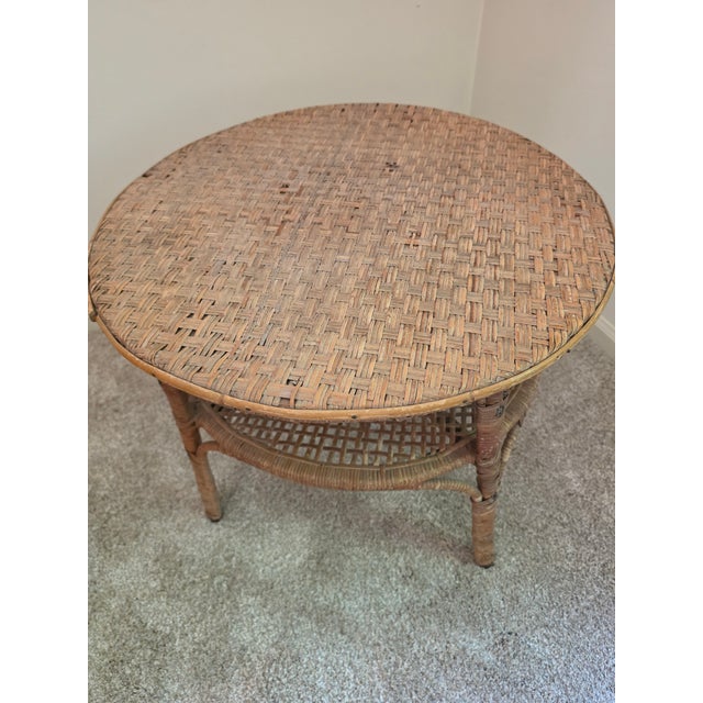 Antique American 2-Tier Woven Wicker Parlor Table With Metal Boot Feet For Sale - Image 11 of 15