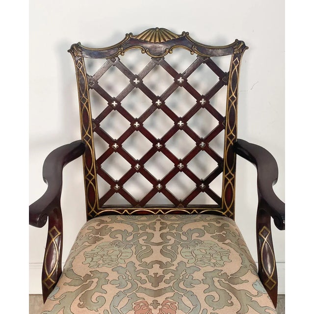 Chippendale Pair of Matching Chinese Chippendale Armchairs With Blind Fretwork and Gilt Highlights For Sale - Image 3 of 10