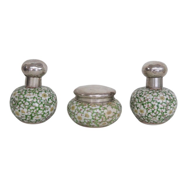 Cloisonne Enamel Sterling Lidded 3pc Vanity Set Empty Perfume Bottles Jar 5113b For Sale