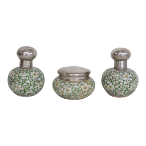 Cloisonne Enamel Sterling Lidded 3pc Vanity Set Empty Perfume Bottles Jar 5113b