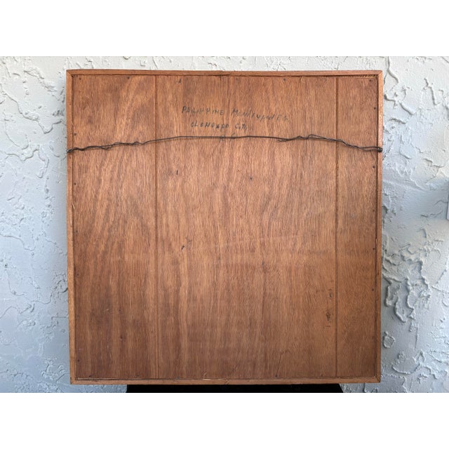 Brown Vintage 1960s Philippine Hand-Carved Teak Folk Dancers Wall Relief on Hessian, 3d Mid-Century Tiki Art For Sale - Image 8 of 9