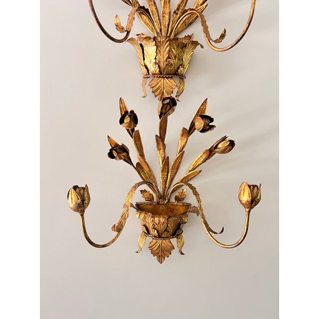 1960s 1960s Pair of Italian Gilt Tole Candle Sconces For Sale - Image 5 of 10