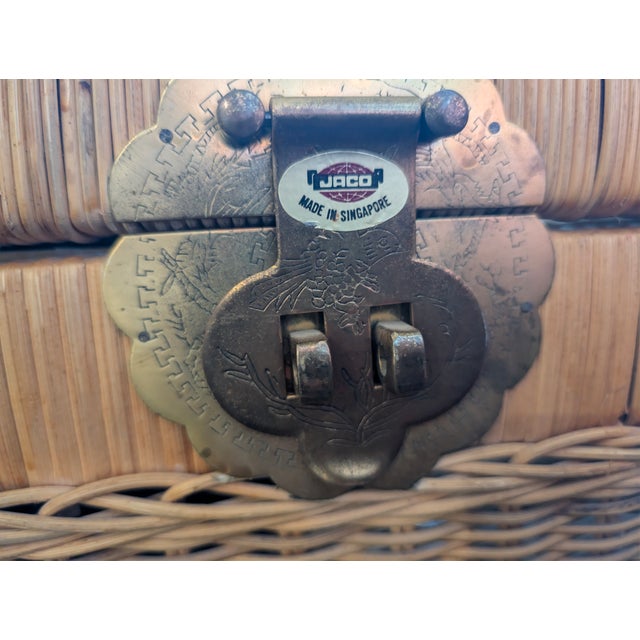 Vintage Jaco of Portugal chinoiserie-style wicker trunk or blanket chest. It has a brass latch with intricate bird...