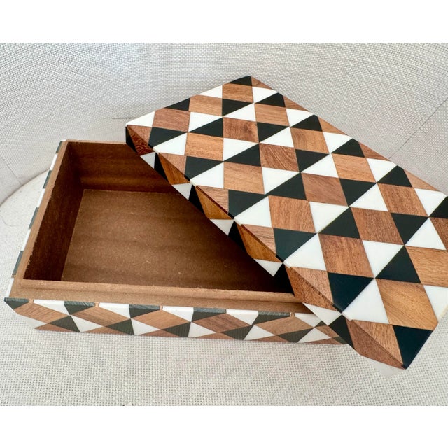 Vintage handmade wood inlaid brown, black and white geometric motif decorative box. Made in India.