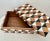 Vintage handmade wood inlaid brown, black and white geometric motif decorative box. Made in India.