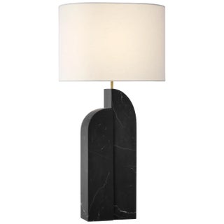 Kelly Wearstler for Visual Comfort Signature Savoye Large Left Table Lamp in Black Marble with Linen Shade For Sale