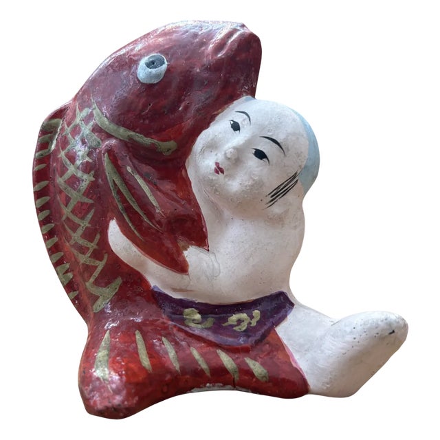 Vintage Japanese Kintarō with Carp Figurine, 1950s For Sale