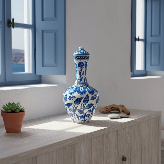 The Sapphire Garden This Handmade Ceramic Lidded Vase is a tribute to the golden age of blue and white ceramics. Standing...