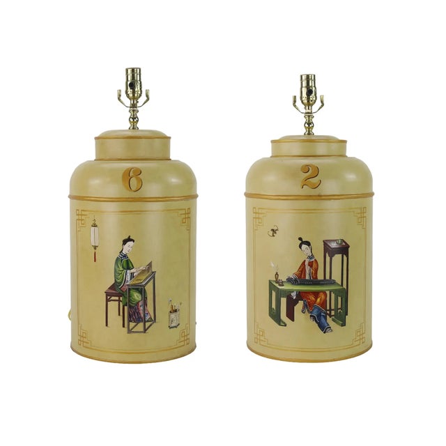 A Pair 1990s British Chinoiserie Hand-Painted Tin Tea Canister Table Lamps For Sale - Image 11 of 11