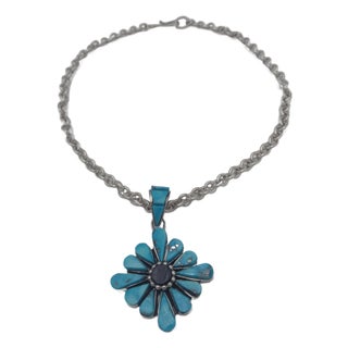 Kingman Turquoise & Sugilite Inlay Flower Pendant by Na Na Ping Authentic Native American Handmade For Sale
