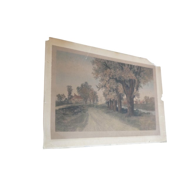 Late 19th century hand colored etching titled "The Old Elm Road" by Ernest C. Rost. Landscape of a country road lined with...
