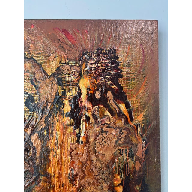 Wood Vintage Signed Brutalist Abstract Oil Painting on Faux Ostrich Canvas, 1970s For Sale - Image 7 of 10