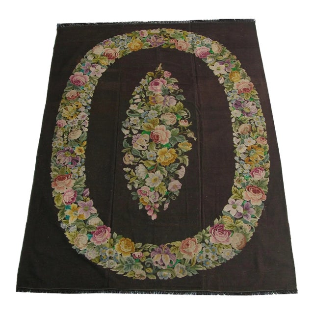 19th Century Antique Needlework Floral Rug For Sale