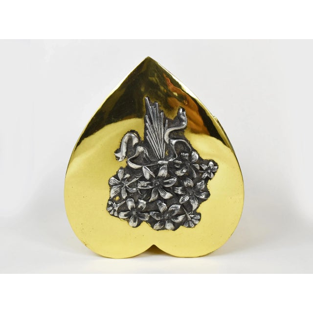Brass Vintage Gold Brass Heart Shape Trinket Jewelry Box With Flower For Sale - Image 8 of 11