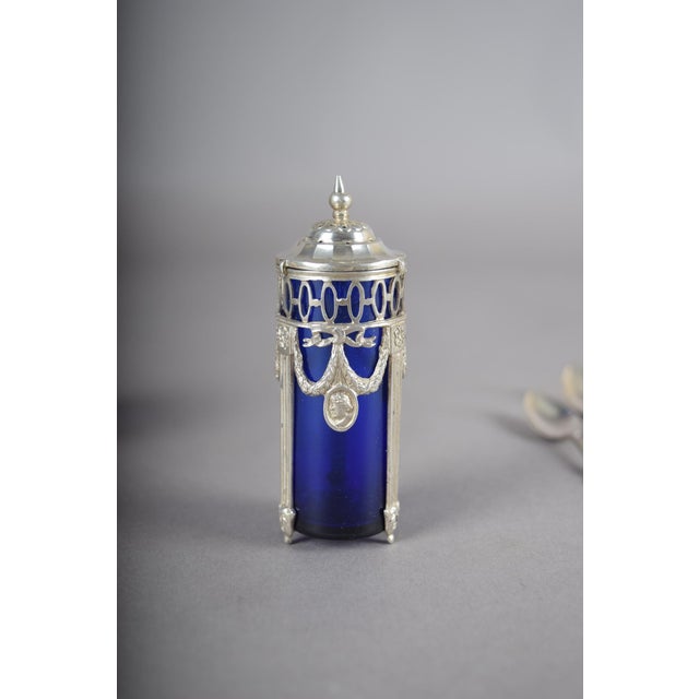 Antique Louis XVI Style Silver and Cobalt Blue Glass Condiment and Cruet Set with Spoons, 1990s, Set of 7 For Sale - Image 14 of 16