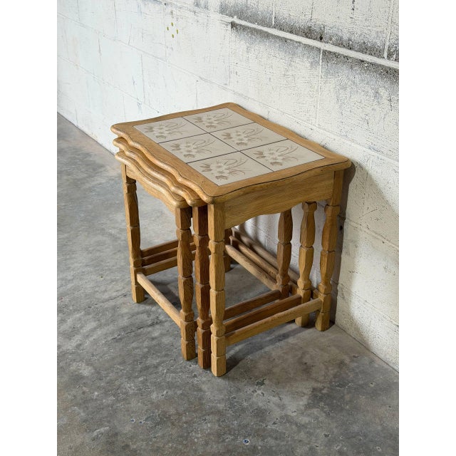Oak Ceramic Tile-Top Nesting Tables Set of 3 Floral Spindle Legs Traditional Vintage For Sale - Image 11 of 11