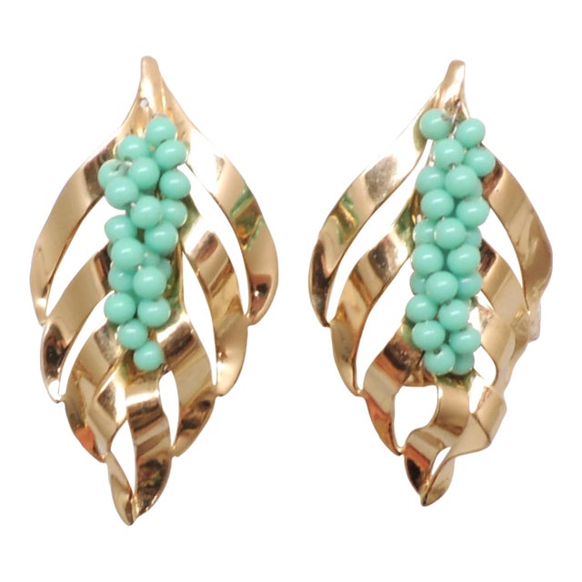 Vintage 1950s Signed Napier Goldtone Faux-Turquoise Beaded Clip Earrings For Sale