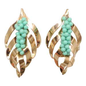 Vintage 1950s Signed Napier Goldtone Faux-Turquoise Beaded Clip Earrings