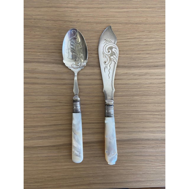 Antique Mother‑of‑Pearl Spoon & Fish Knife Set With Victorian Scrollwork For Sale - Image 9 of 9