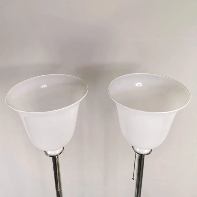 Mid-Century Modern Vintage Chromed-Plated Floor Lamps with Marble Bases and White Glass Diffusers in the style of Venini, 1970s, Set of 2 For Sale - Image 3 of 8
