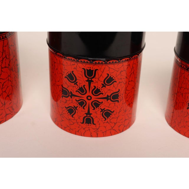 Metal Set of Three Japanese Modern Nesting Canisters With Red and Black Floral Decoration For Sale - Image 7 of 18