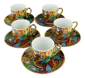 Japanese Lithophane Geisha Coffee Service in Porcelain, 1950s, Set of 10