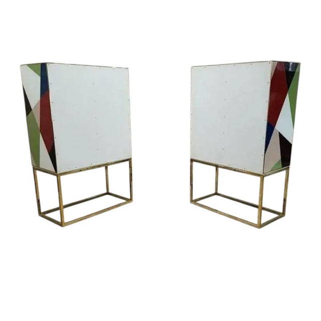 Jonathan Adler Hollywood Regency Styled Torino Reverse Painted Glass and Brass 2 Door Dry Bar For Sale - Image 4 of 8