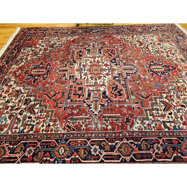 Textile Vintage Room Size Heriz, Handwoven Geometric Medallion Pattern, Red & Navy, 9’ X 11’ For Sale - Image 7 of 12