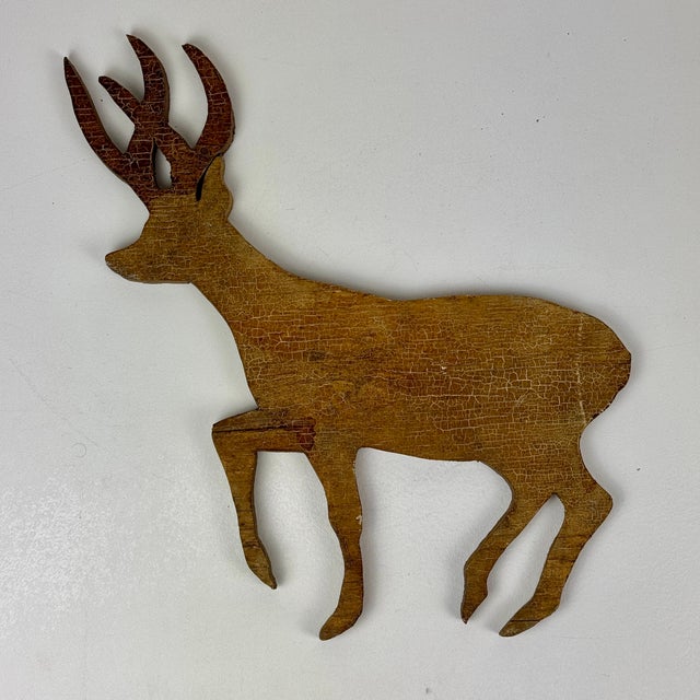Brown Vintage Pair of Rustic Wood Cutout & Painted Prancing Dears, Wall Art For Sale - Image 8 of 10