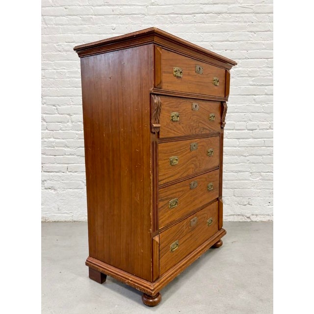 Antique Danish Pine Chest of Drawers | Carved Details + Brass Hardware, Late 19th Century For Sale - Image 11 of 15
