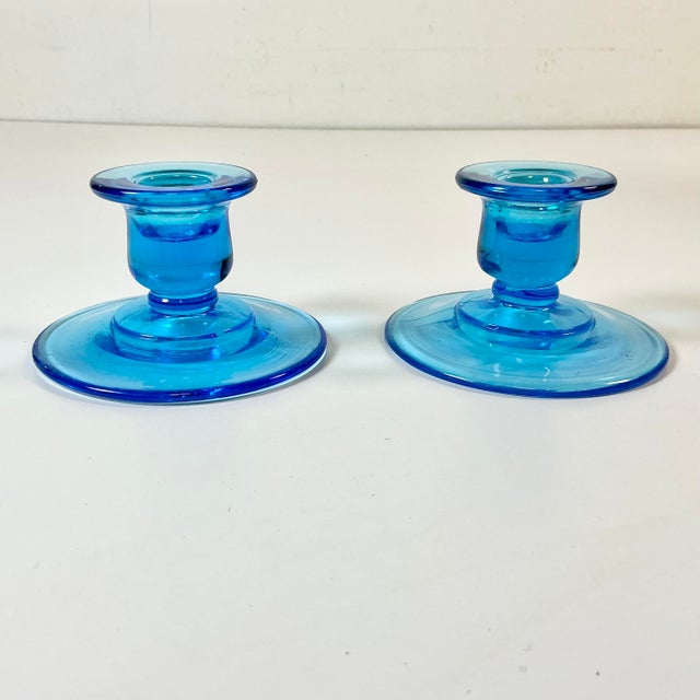 Indiana Glass Company 1940s Art Deco Boho Chic Hollywood Regency Depression Era Pressed Glass Candle Holders - A Pair For Sale - Image 4 of 13