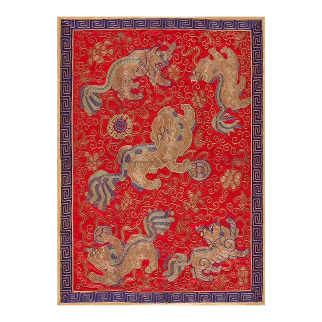 Elevated Red Ground Color Figural Pattern Vintage Silk & Gold Thread Chinese Embroidery For Sale