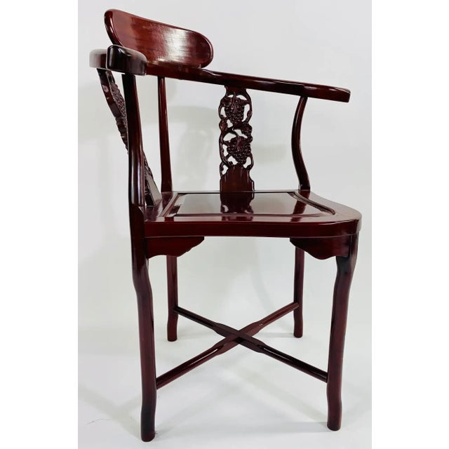 Chinese Export Oriental Hand Carved Rosewood Corner Chair For Sale - Image 4 of 9