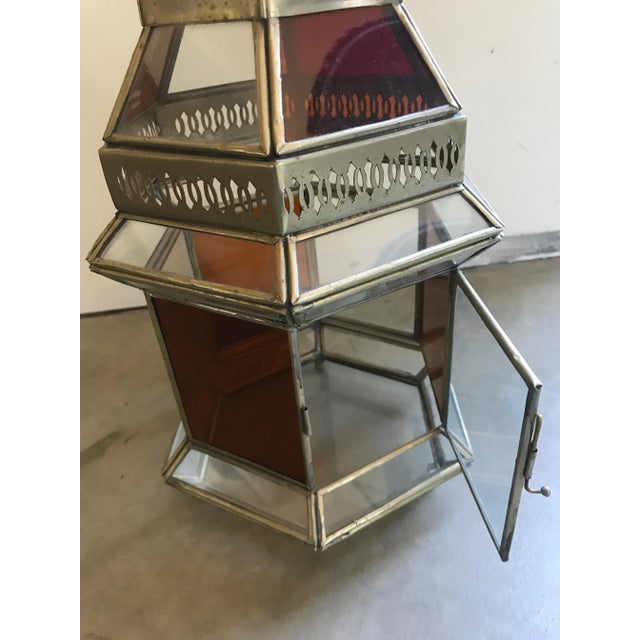 2000 - 2009 Moroccan Pierced Brass and Colored Glass Lantern For Sale - Image 5 of 8