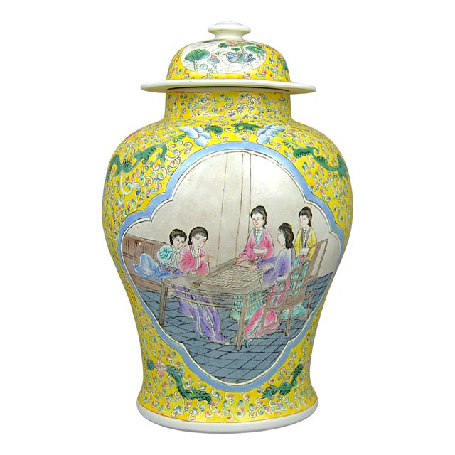 20th Century Column Vase with Cover in Porcelain Famille Jaune, China For Sale