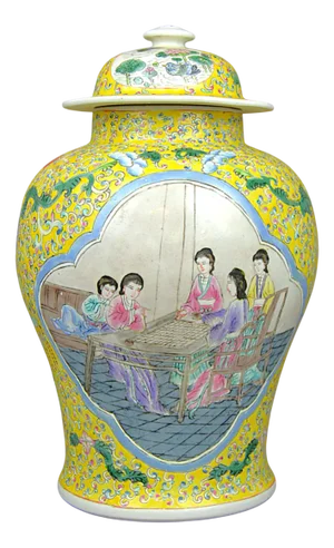 20th Century Column Vase with Cover in Porcelain Famille Jaune, China