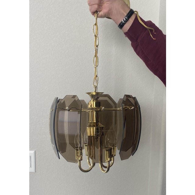 Vintage Catalina Lighting Smoked Curved Glass Beveled Chandelier For Sale In Denver - Image 6 of 12