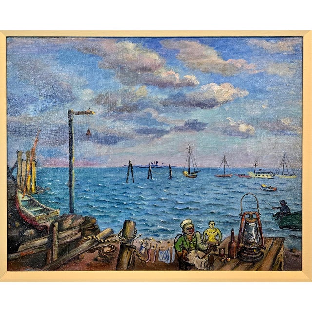 Expressionism David Burliuk -1950s Fishermen Lifestyle on Sag Harbor -Oil Painting For Sale - Image 3 of 13