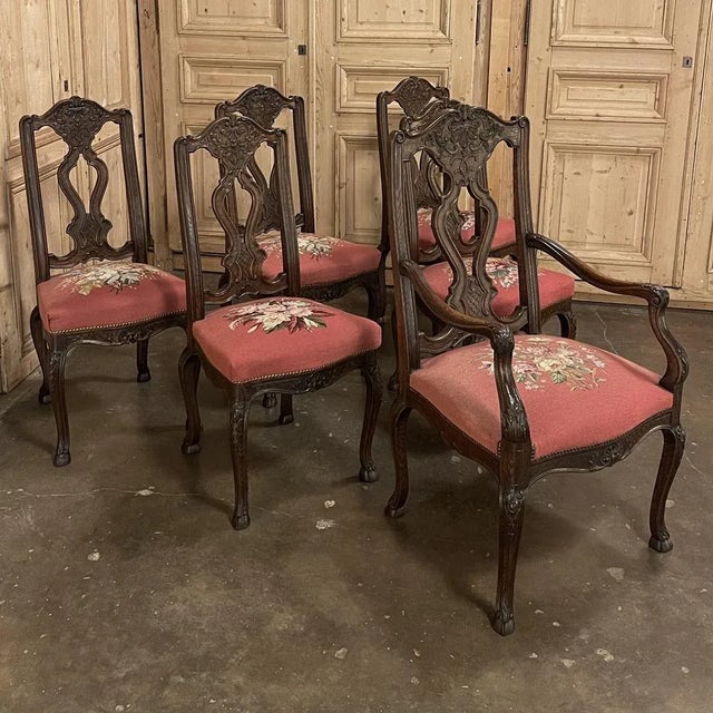 Set of 6 Antique Liegeoise Needlepoint Dining Chairs includes one armchair! The exceptional quality of the set is...