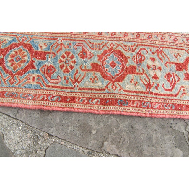 1930s Vintage Medallion Floral Rug Brick Red Blue Hand Knotted Wool Pile Rug - 4’ X 6’6” For Sale - Image 9 of 10