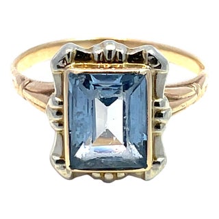 Solid Two-Tone Gold Emerald-Cut Blue Topaz Ring, Size 7.25 For Sale