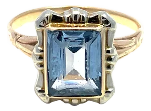 Solid Two-Tone Gold Emerald-Cut Blue Topaz Ring, Size 7.25